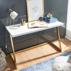 Weißer Hochglanz Schreibtisch Mit Gestell Gold - Zerifa -Tulcea Shop weisser hochglanz schreibtisch mit gestell gold in modernem design zerifa 02